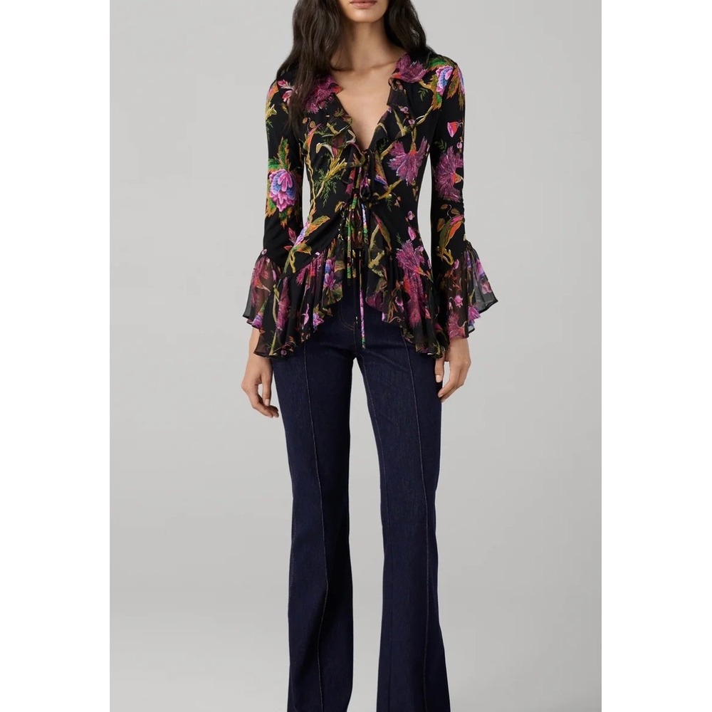 Diane Von Fustenberg Floral Ruffle Tie Front Wrap Top Blouse size Small